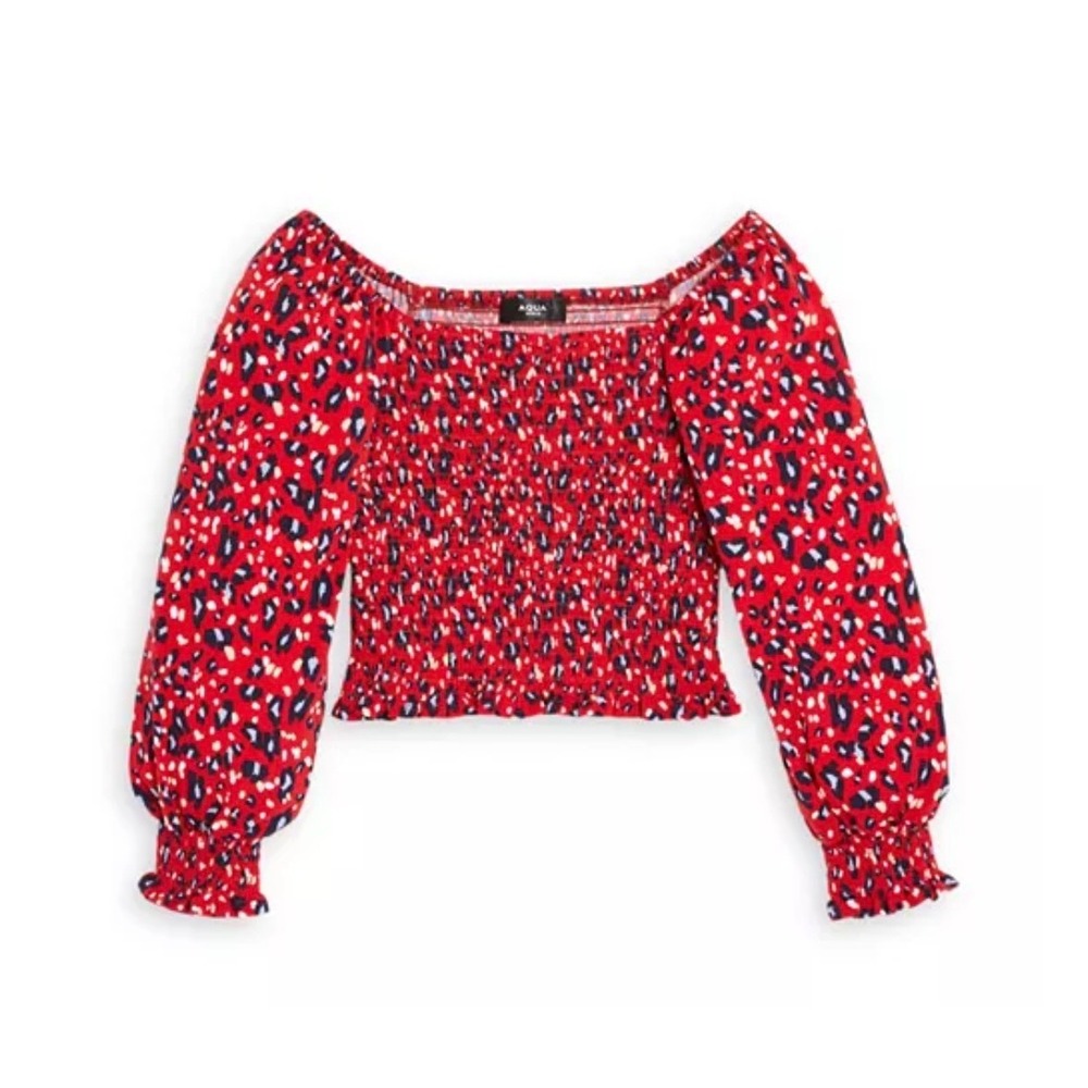Aqua Girls Red Leopard Print Smocked Long Sleeve Top Size S 7/8 Blouse